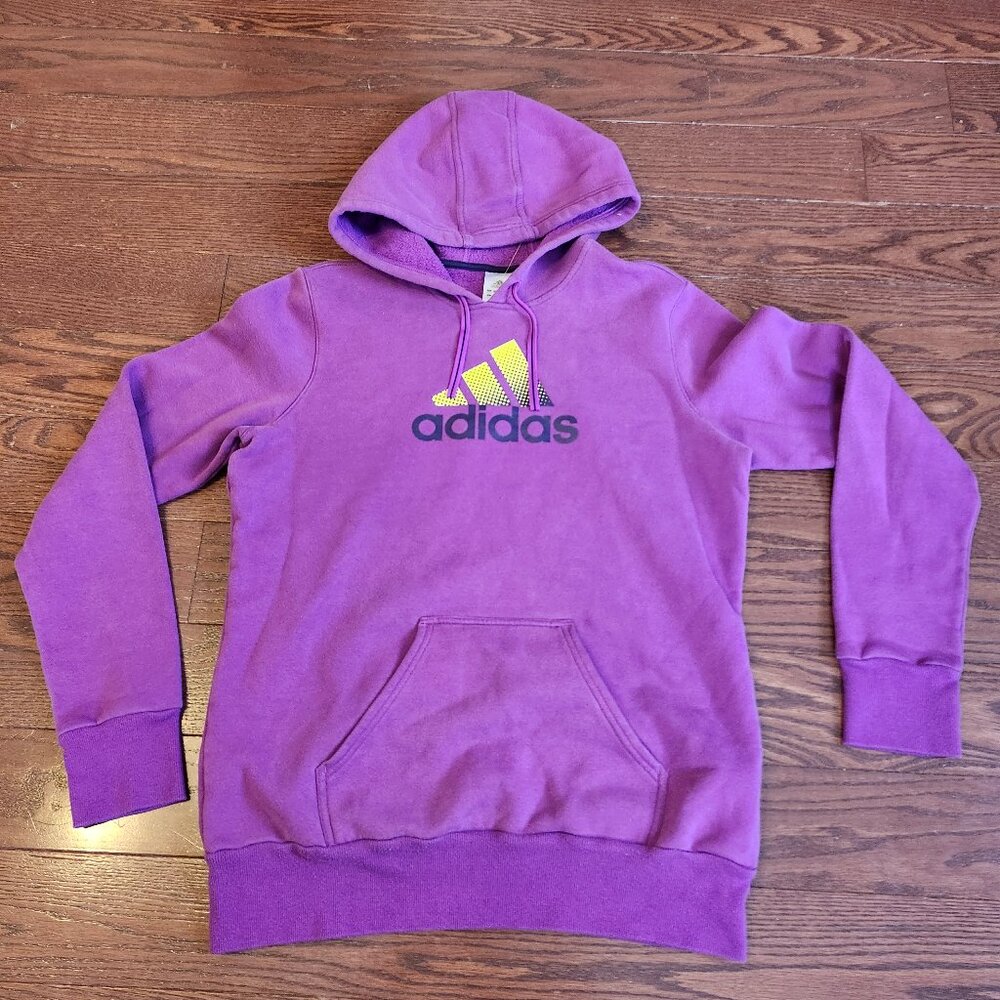 Adidas Womens Fleece Hoodie Size L Purple Neon Yellow Mountain Logo Pullover